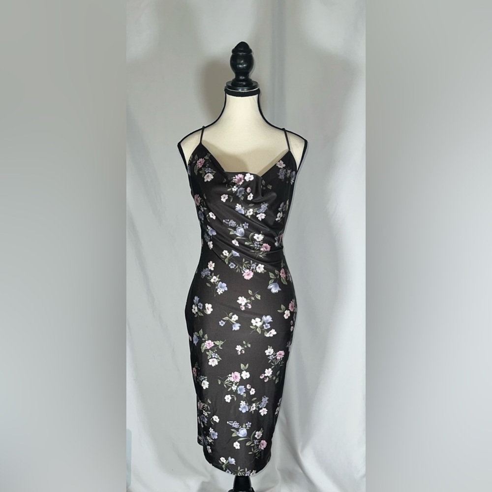 IRIS • Black Silky Floral Bodycon Size Med. Y2K 90s Slip Dress Grunge Glam Punk